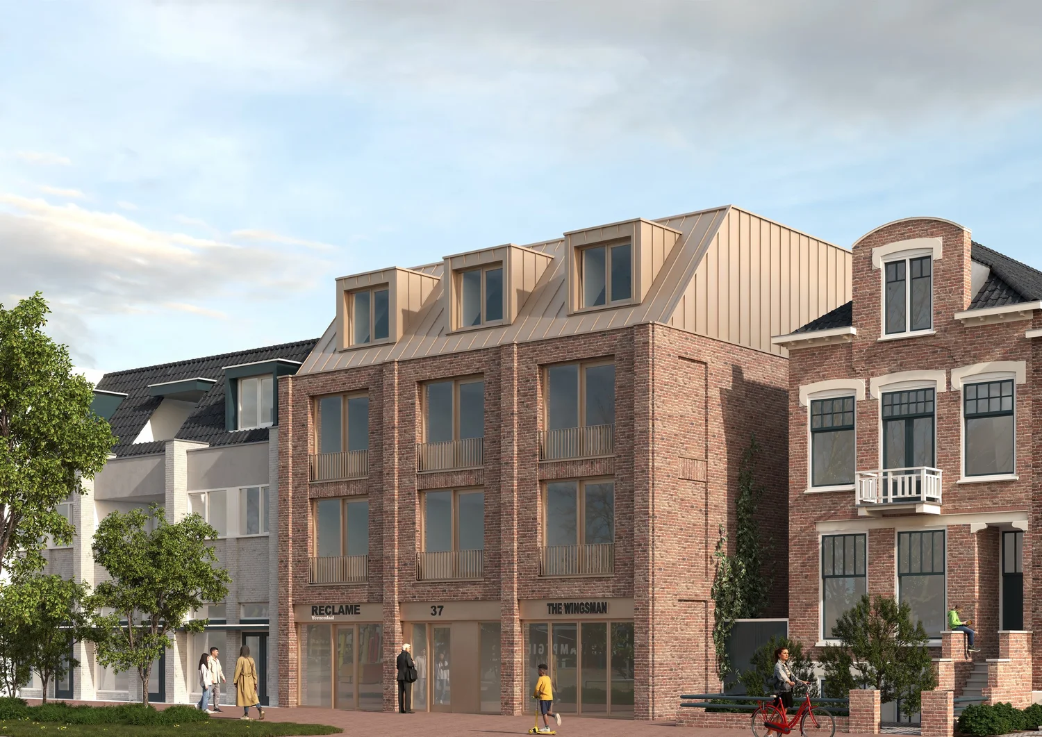 Voorgevel van een modern bakstenen gebouw met winkels op de begane grond en appartementen erboven