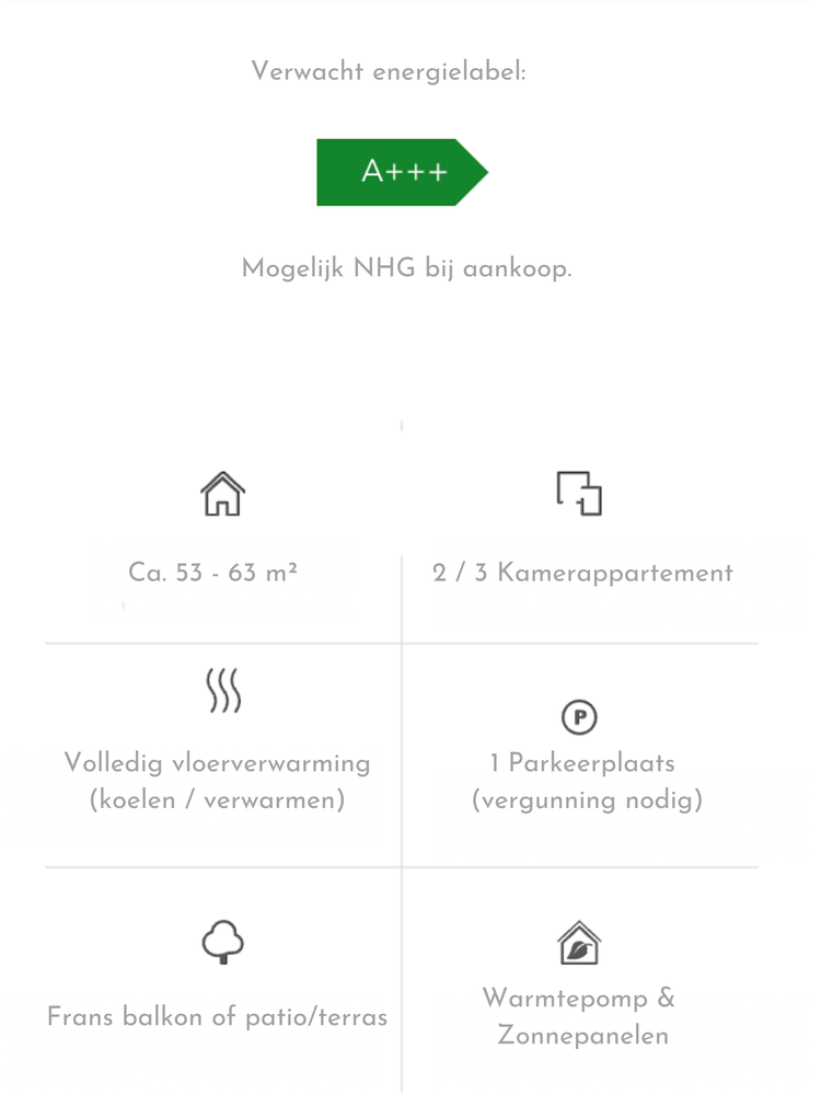 Overzicht van energielabel, oppervlaktes, kamers, verwarming en parkeergelegenheid
